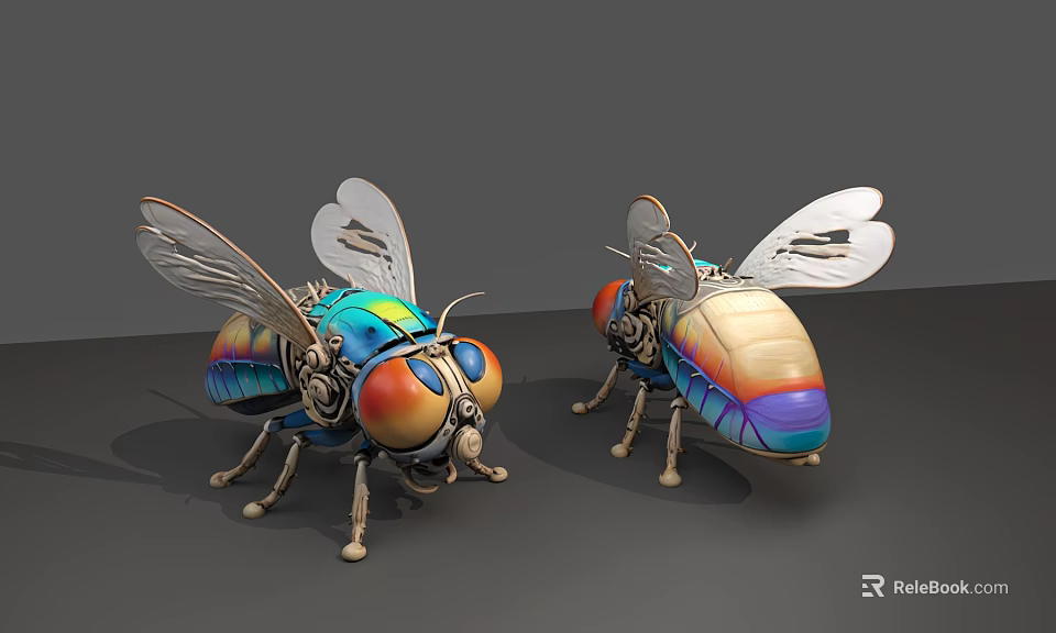 Two Colorful Smart Mechanical Bees With Transparent Wings And Metallic Bodies 3d model 