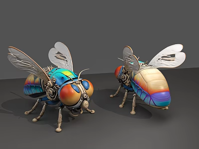 Two Colorful Smart Mechanical Bees With Transparent Wings And Metallic Bodies 3d model