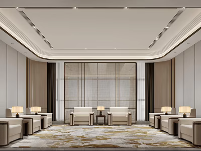 Modern Hotel Public Lounge With Comfortable Sofas Large Area Rug And Recessed Lighting 3d model