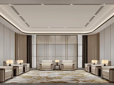 Modern Hotel Public Lounge With Comfortable Sofas Large Area Rug And Recessed Lighting 3d model