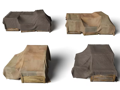 Set Of Four Cloth Covered Furniture Items With Wooden Bases In Different Colors 3d model