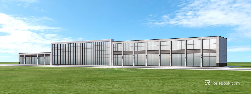 Modern Office Building with Large Glass Curtain Walls Green Lawn Blue Sky and White Clouds 3d model 