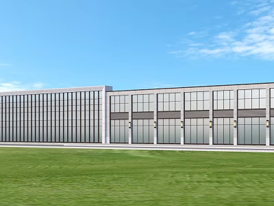 Modern Office Building with Large Glass Curtain Walls Green Lawn Blue Sky and White Clouds 3d model