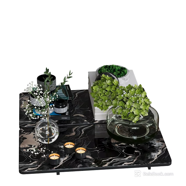Decorative Ornament Set with Green Plants Glass Vase and Candles on Marble Tabletop 3d model 