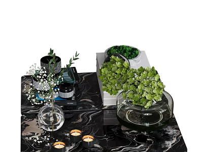 Decorative Ornament Set with Green Plants Glass Vase and Candles on Marble Tabletop 3d model