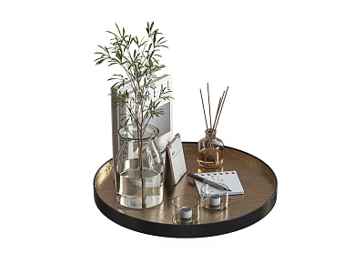 Stylish Decorative Ornament Set With Tray Green Plant Reed Diffuser Photo Frame Notebook And Candle 3d model