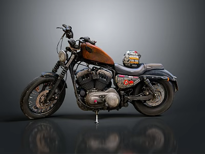 Vintage Cruiser Motorcycle in Orange and Black with Helmet on Seat Tank Logo Reflective Surface Stylish Design 3d model
