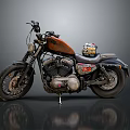 Vintage Cruiser Motorcycle in Orange and Black with Helmet on Seat Tank Logo Reflective Surface Stylish Design