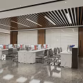 Modern Front Desk Reception With Marble Countertop Two Computers Green Plant Gray Wooden Background Wall