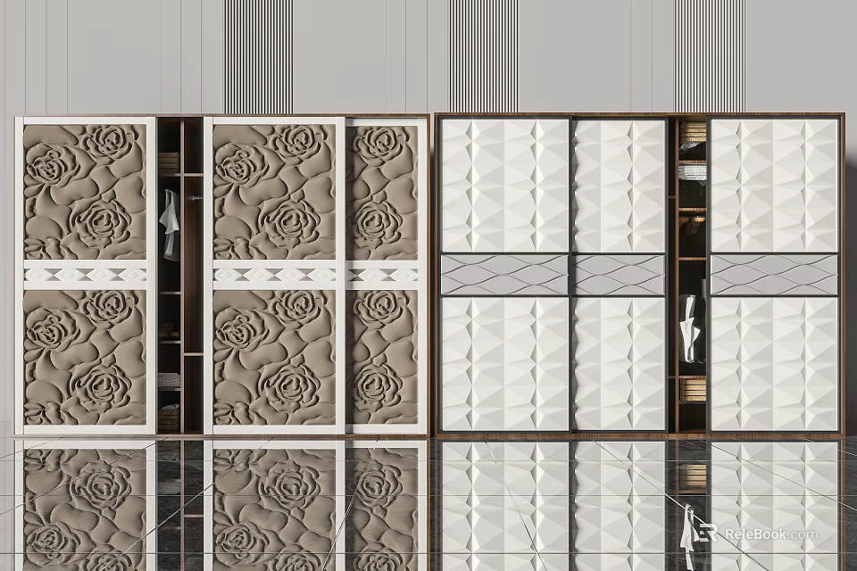 Modern Wardrobe Design With Rose Embossed Panels And Geometric Pattern Doors 3d model
