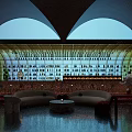 Bar Interior Featuring Wine Bottle Display Green Cartoon Doll Round Table Black Chairs Red Lighting