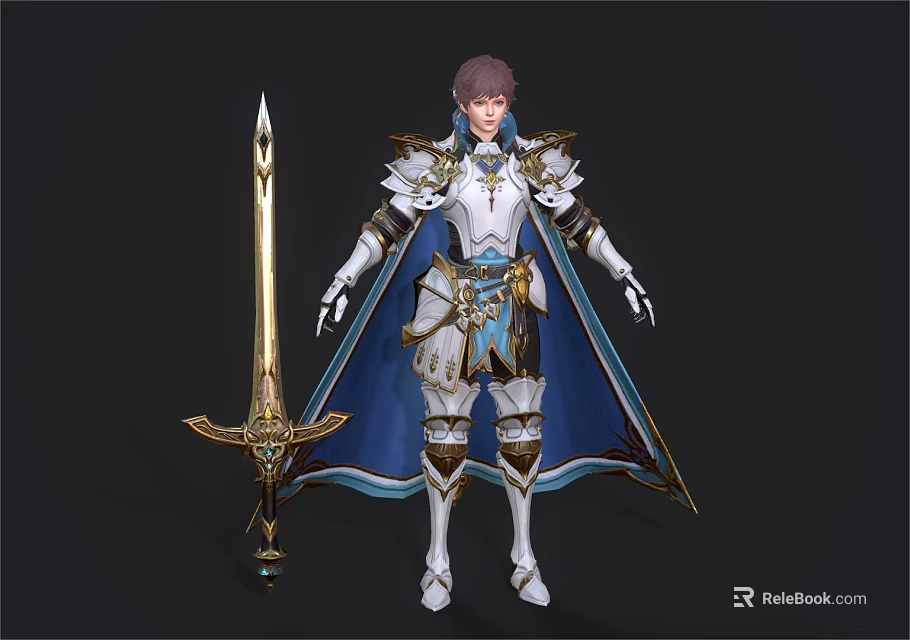 Noble Warrior Character Wearing Elaborate White Armor with Blue Cape and Golden Sword 3d model 