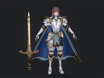 Noble Warrior Character Wearing Elaborate White Armor with Blue Cape and Golden Sword 3d model