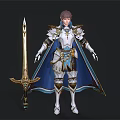 Noble Warrior Character Wearing Elaborate White Armor with Blue Cape and Golden Sword