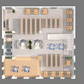 Aerial View of Modern Cafe Interior with Tables Chairs Shelves Circular Center Windows and Plants