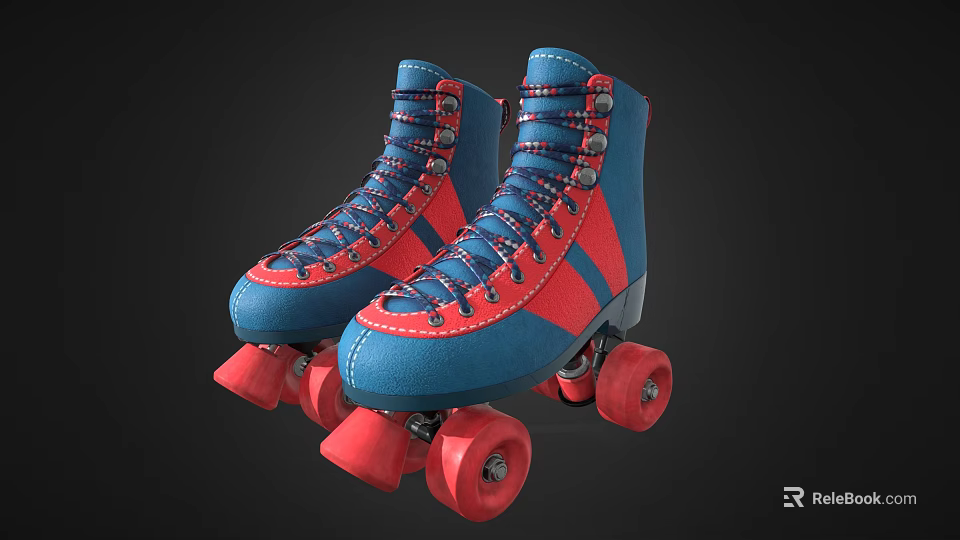 Stylish Blue And Red High Top Roller Skates With Red Wheels And Laced Design 3d model 