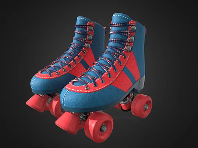 Stylish Blue And Red High Top Roller Skates With Red Wheels And Laced Design 3d model