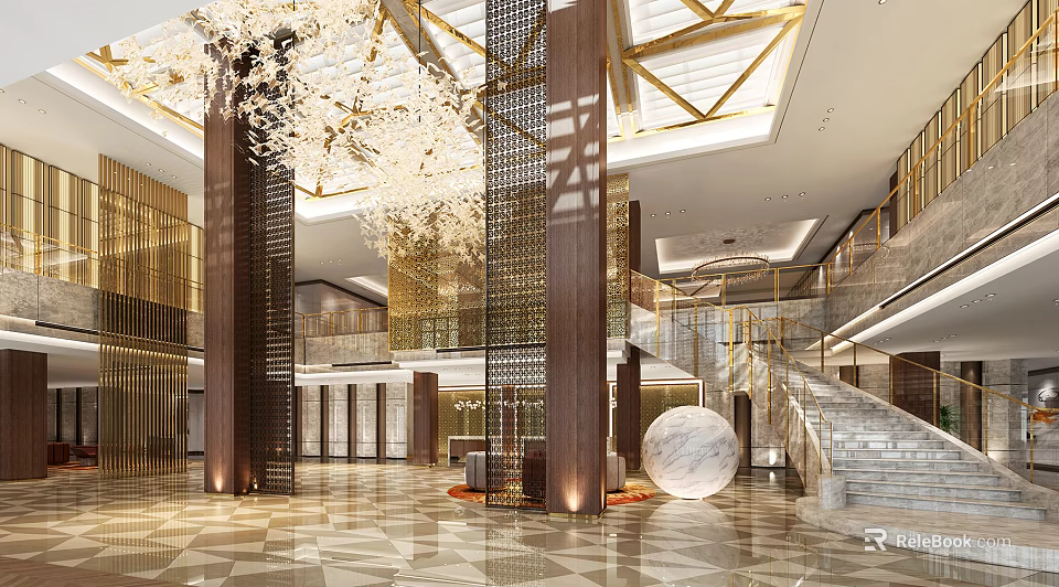 Hotel Lobby Interior Featuring Elegant Chandelier Grand Columns Marble Staircase And Geometric Floor Design 3d model 