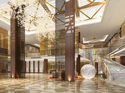 Hotel Lobby Interior Featuring Elegant Chandelier Grand Columns Marble Staircase And Geometric Floor Design 3d model