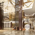Hotel Lobby Interior Featuring Elegant Chandelier Grand Columns Marble Staircase And Geometric Floor Design