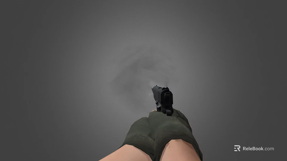 Hand Holding Black Pistol With Green Gloves And Smoke From Muzzle On Gray Background 3d model 