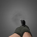 Hand Holding Black Pistol With Green Gloves And Smoke From Muzzle On Gray Background