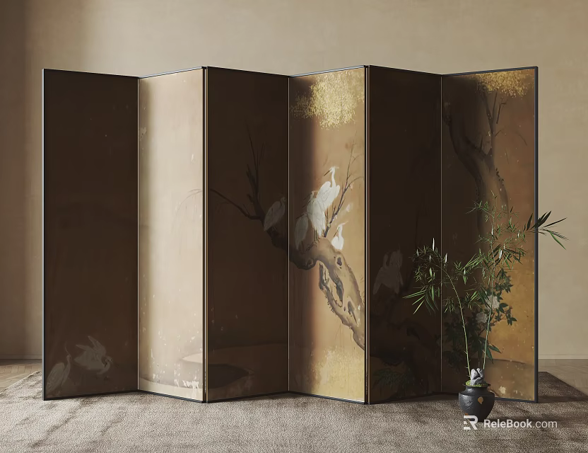 Decorative Multi Panel Folding Screen With Bird And Branch Paintings And Bamboo Plant 3d model