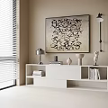 White Console Cabinet and Side Cabinet with Minimalist Design and Decorative Items by Window