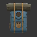 Blue Backpack With Beige Straps Rolled Green Item Round Emblem And Small Brown Pocket