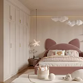 Sweet Kids Room With Pink Cat Ear Bed Cloud Pendant Lights Bookshelf And Soft Rug