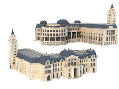 Classical European Style Commercial Complex With Towers Domes And Arched Windows 3d model