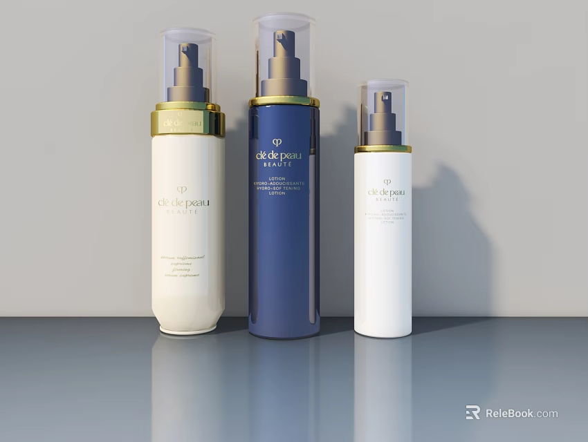 Black Pearl Skincare Bottles With White Blue Gold Design And Pump Dispensers 3d model 