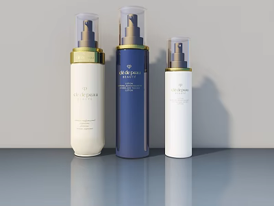 Black Pearl Skincare Bottles With White Blue Gold Design And Pump Dispensers 3d model