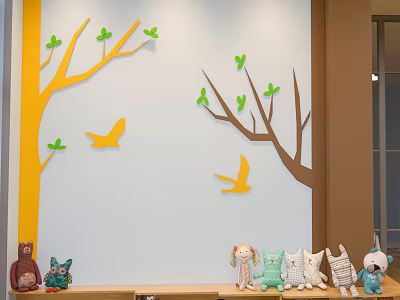 Kids Play Area Featuring Wall Tree Branch Decorations Green Leaves Yellow Birds And Stuffed Toys 3d model