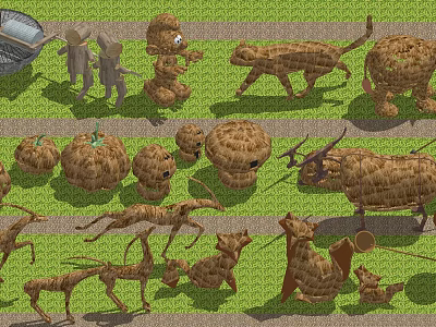 Agricultural Equipment In Farm Field With Root Vegetable Animal Sculptures 3d model