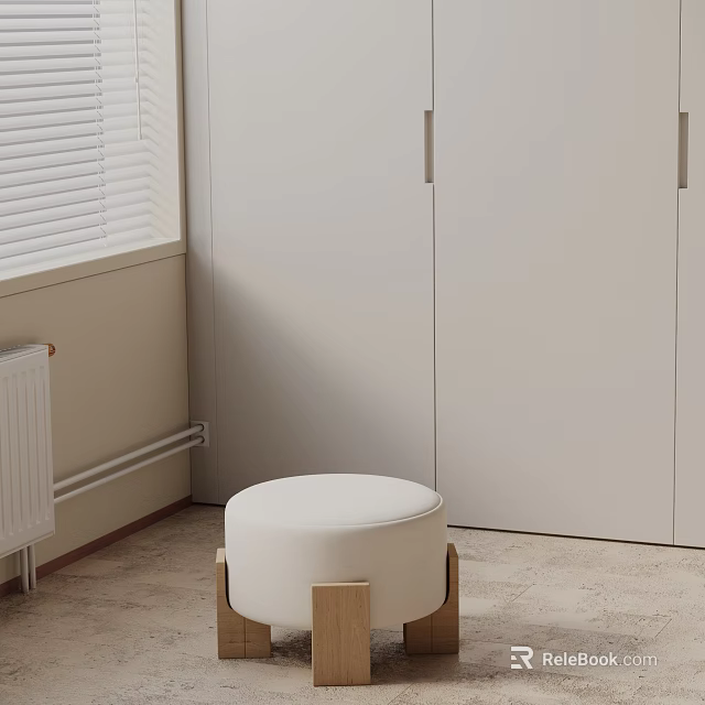 Round White Side Table with Wooden Legs in Modern Indoor Setting with Cabinet and Window 3d model 