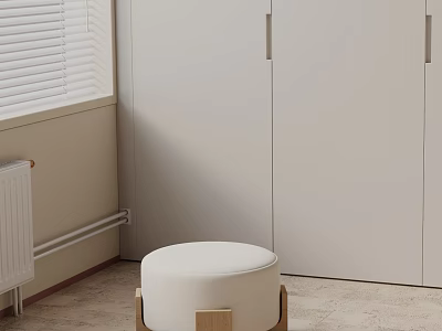 Round White Side Table with Wooden Legs in Modern Indoor Setting with Cabinet and Window 3d model