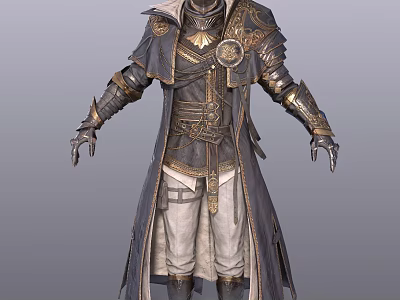 Detailed Game Movie Character In Ornate Armor And Long Robe With Golden Decorations 3d model