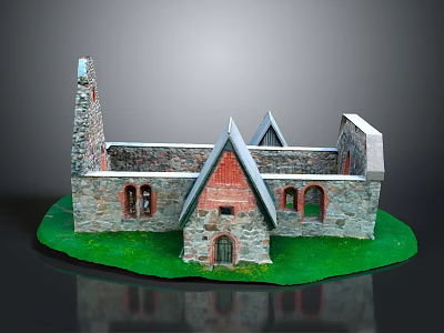 Detailed Architectural Model of Stone Building With Pointed Roofs Arched Windows and Green Grass Base 3d model