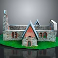 Detailed Architectural Model of Stone Building With Pointed Roofs Arched Windows and Green Grass Base