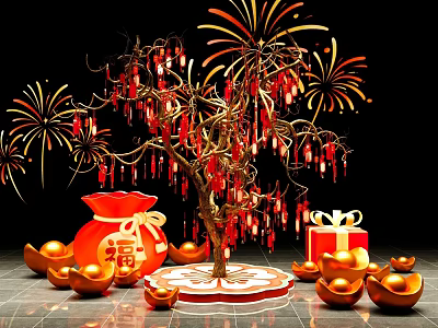 Festive Photo Check In Spot With Golden Tree Red Decorations Fortune Bag And Fireworks 3d model