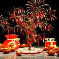 Festive Photo Check In Spot With Golden Tree Red Decorations Fortune Bag And Fireworks