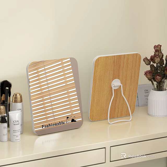 Two Stylish Mirrors with Striped Design and Stand Holder on White Tabletop with Cosmetics Dried Flowers 3d model 