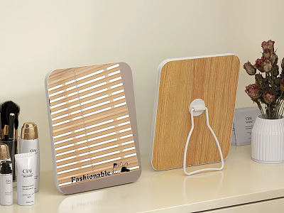 Two Stylish Mirrors with Striped Design and Stand Holder on White Tabletop with Cosmetics Dried Flowers 3d model