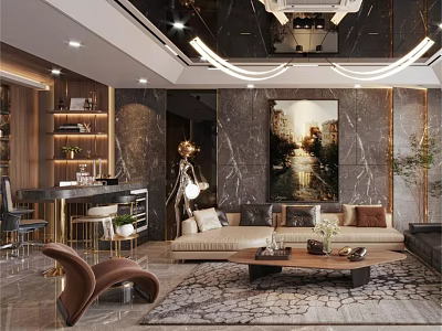 Elegant Modern Dining and Living Room Interior Design With Marble Wall Sofa Artwork And Rug 3d model