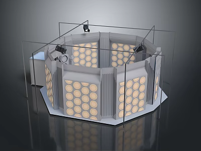 Hexagonal Equipment Structure With Transparent Glass Enclosure Circular Panels And Top Mounted Devices 3d model
