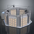 Hexagonal Equipment Structure With Transparent Glass Enclosure Circular Panels And Top Mounted Devices