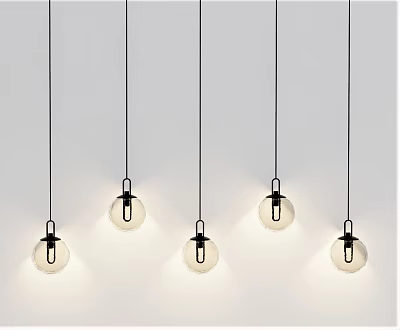 Five Modern Minimalist Pendant Lights With Spherical Glass Shades Hanging In Interior 3d model