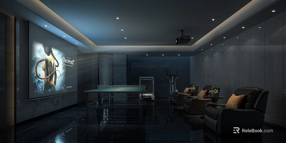 Home Theater Room With Projection Screen Ping Pong Table Black Leather Sofas And Fitness Equipment 3d model 