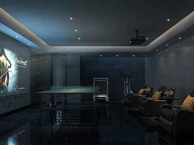 Home Theater Room With Projection Screen Ping Pong Table Black Leather Sofas And Fitness Equipment 3d model